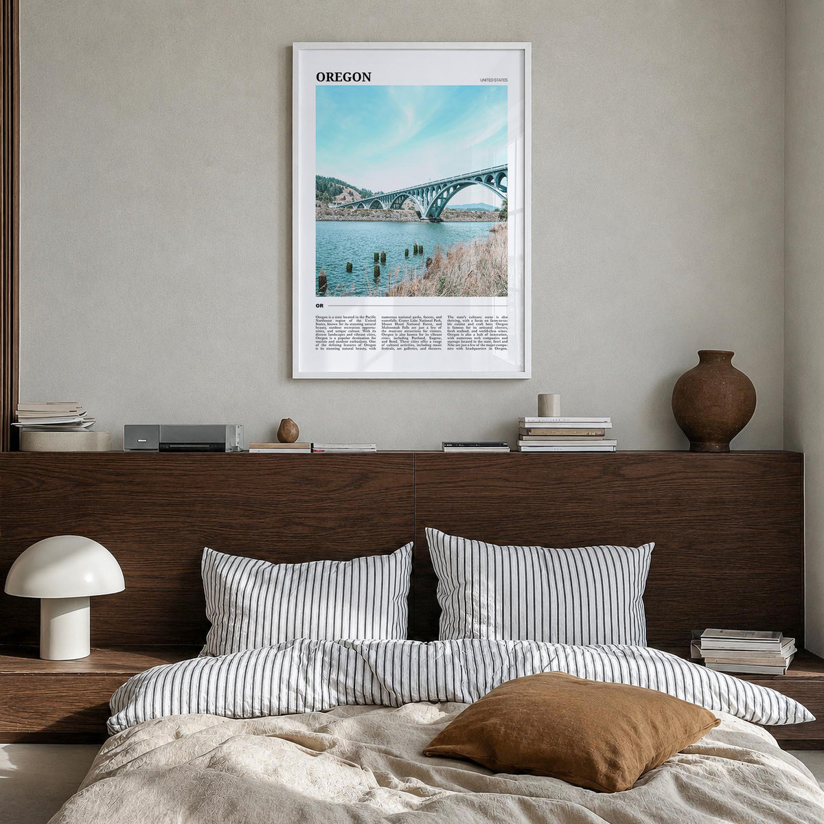 Oregon no. 1 colorful travel poster of United States – vertical wall art in white wood frame, hanging on wall