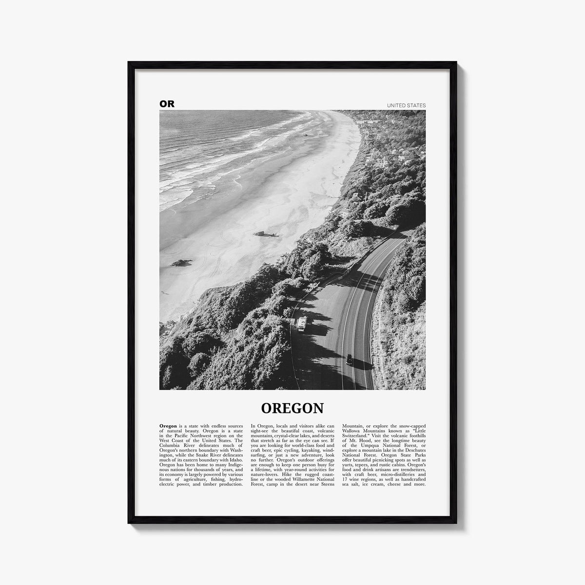 Oregon no. 3 black & white newspaper poster of United States – vertical wall art, unframed print shown in interior mockup
