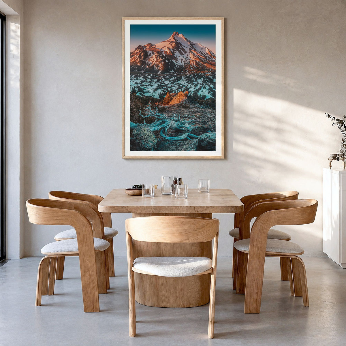 Oregon Photo No 1 Poster in a natural wood frame, hanging in a dining room, white border