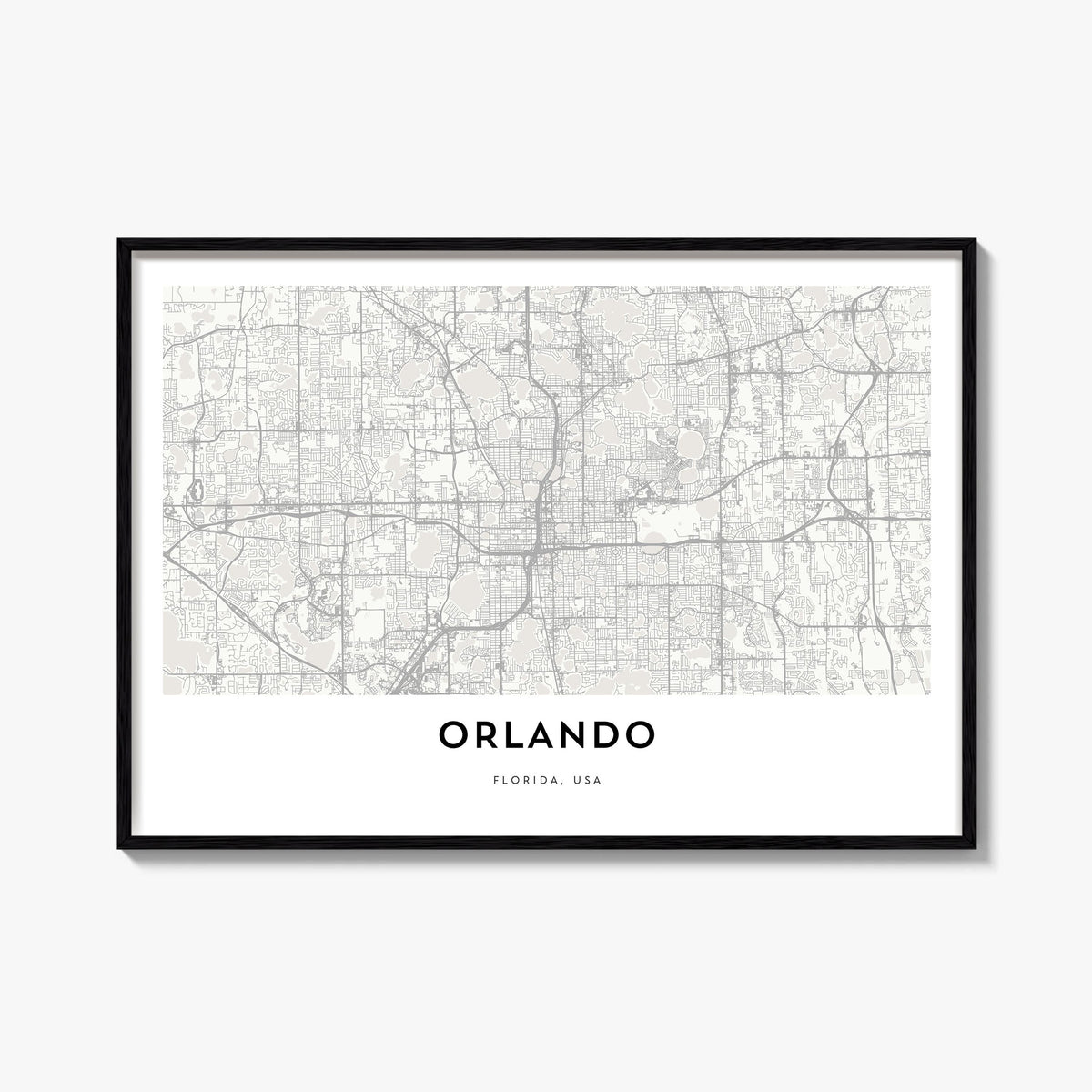 Orlando black & white map poster of Florida, USA – horizontal wall art, unframed print shown in interior mockup