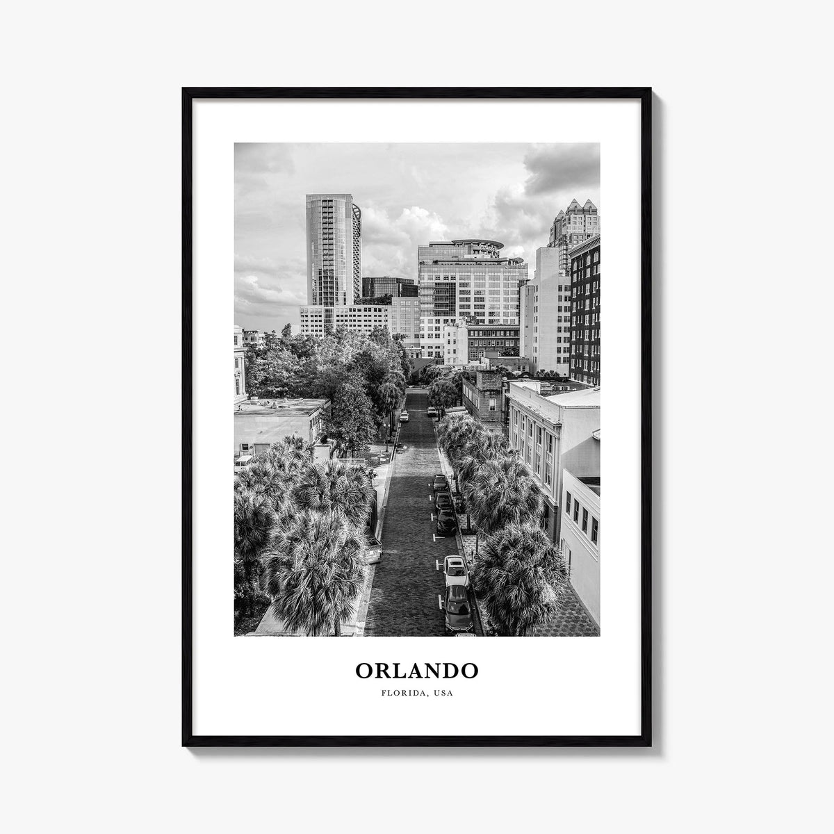 Orlando no. 1 black & white classic poster of Florida, USA – vertical wall art, unframed print shown in interior mockup