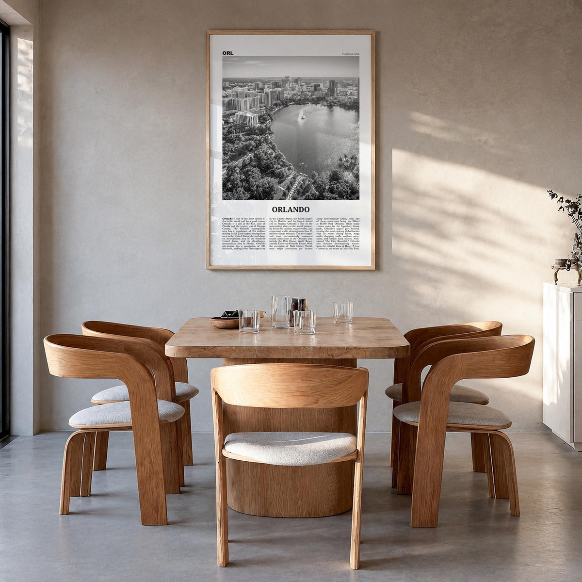Orlando no. 1 black & white newspaper poster of Florida, USA – vertical wall art in natural wood frame, hanging on wall