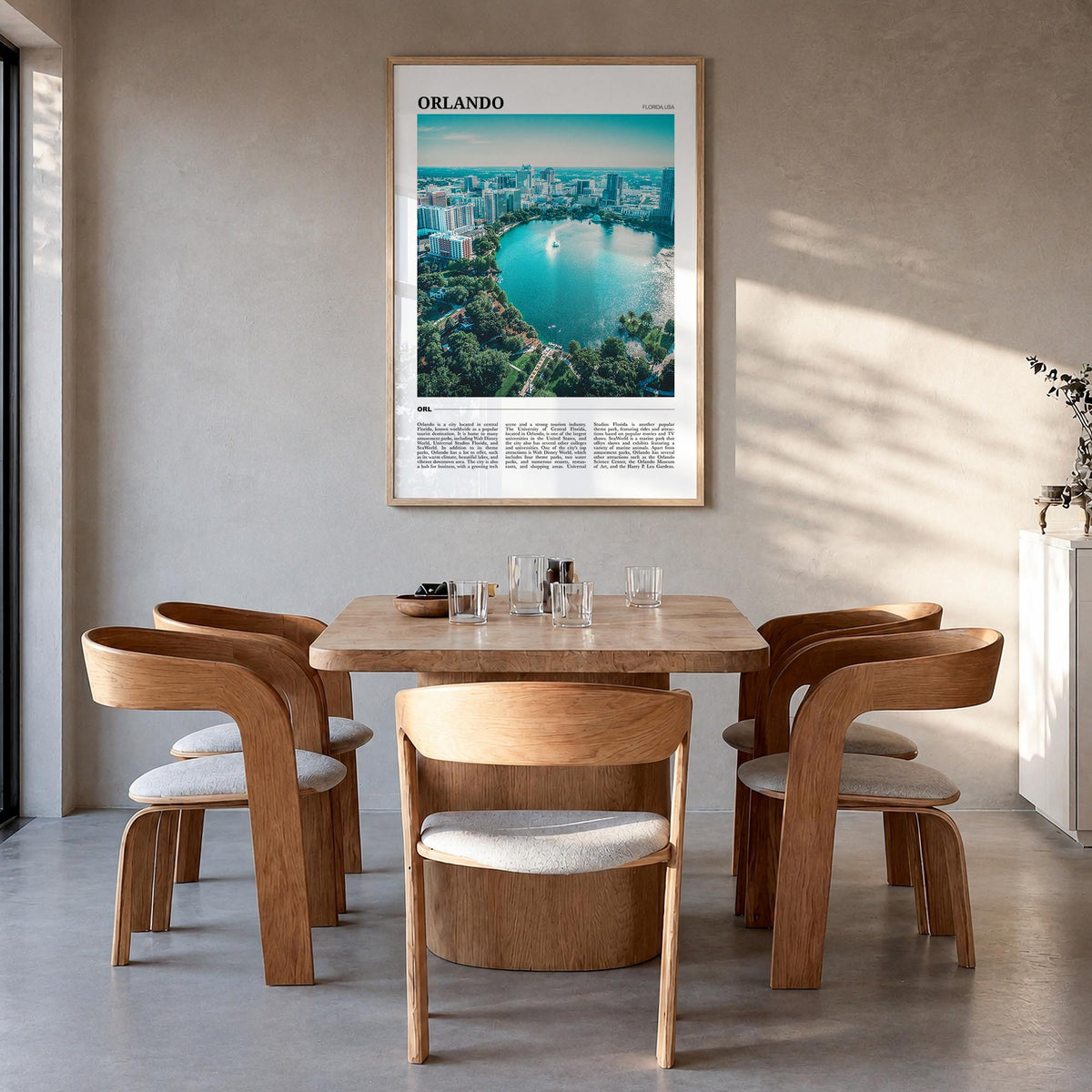 Orlando no. 2 colorful travel poster of Florida, USA – vertical wall art in natural wood frame, hanging on wall