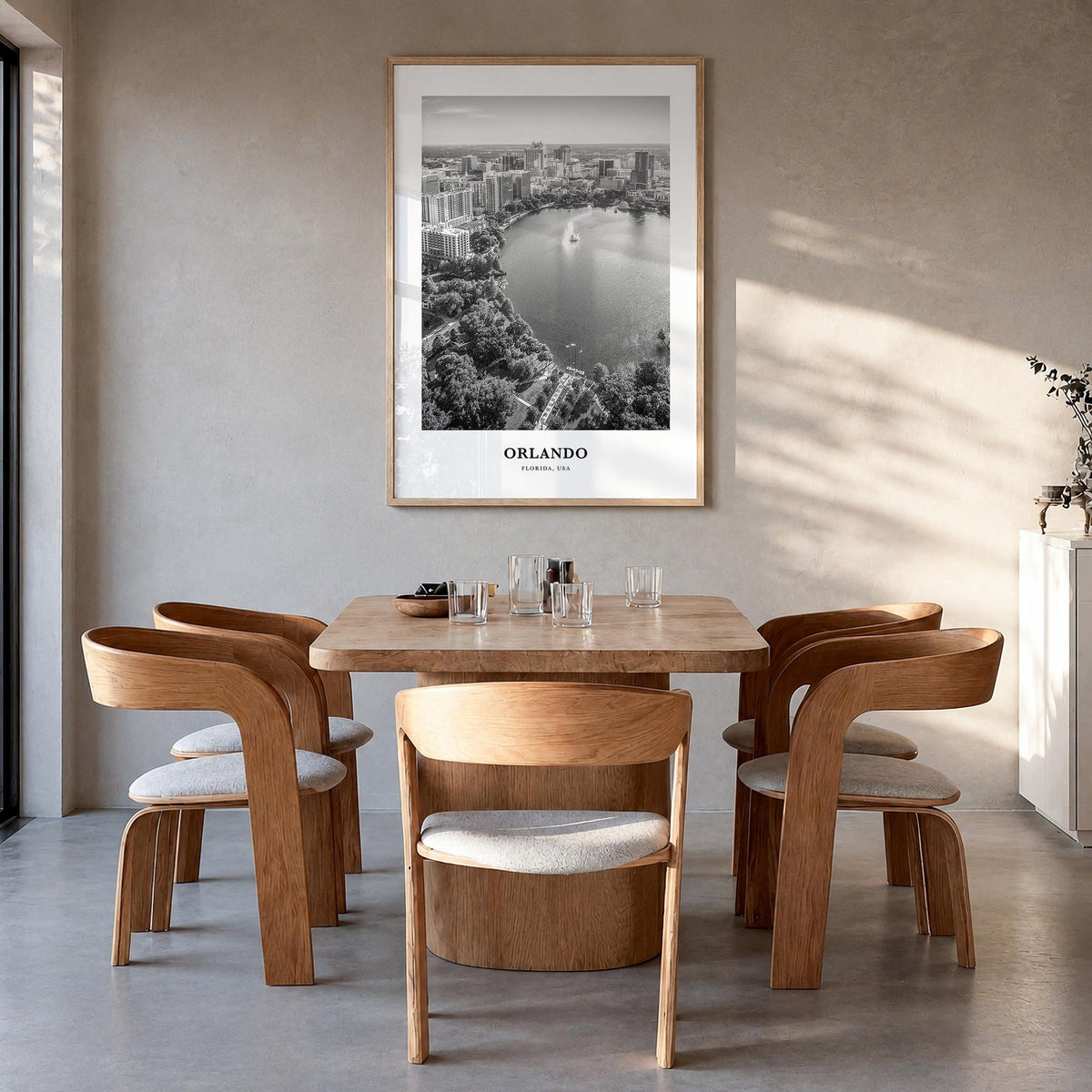 Orlando no. 3 black & white classic poster of Florida, USA – vertical wall art in natural wood frame, hanging on wall