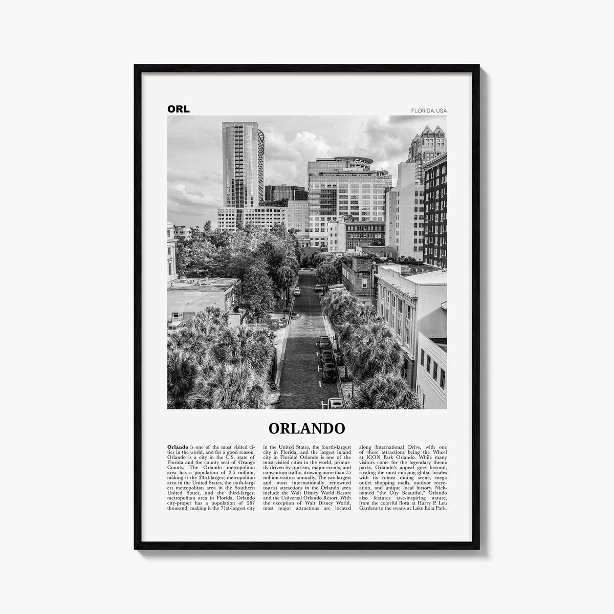 Orlando no. 3 black & white newspaper poster of Florida, USA – vertical wall art, unframed print shown in interior mockup