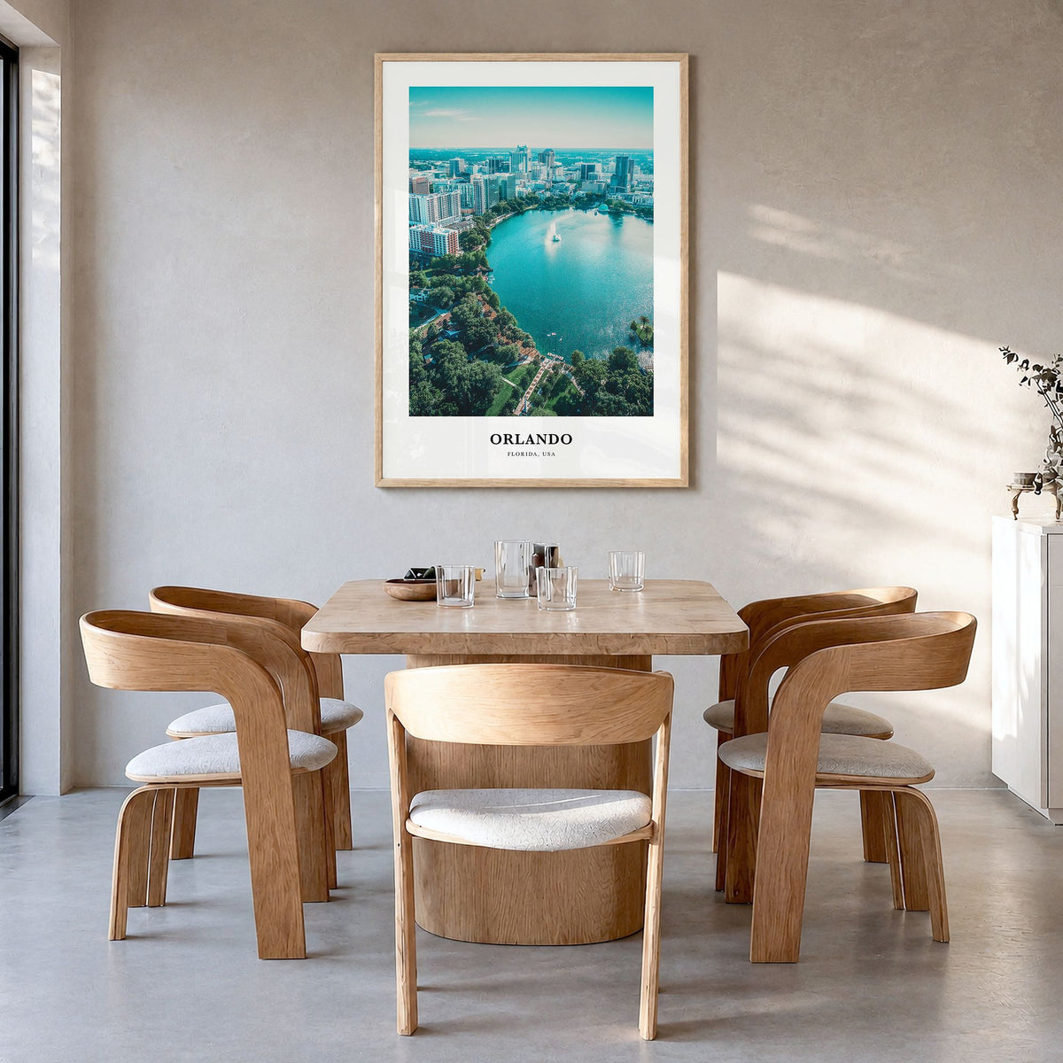 Orlando Classic No 2 Poster in a natural wood frame, hanging in a dining room