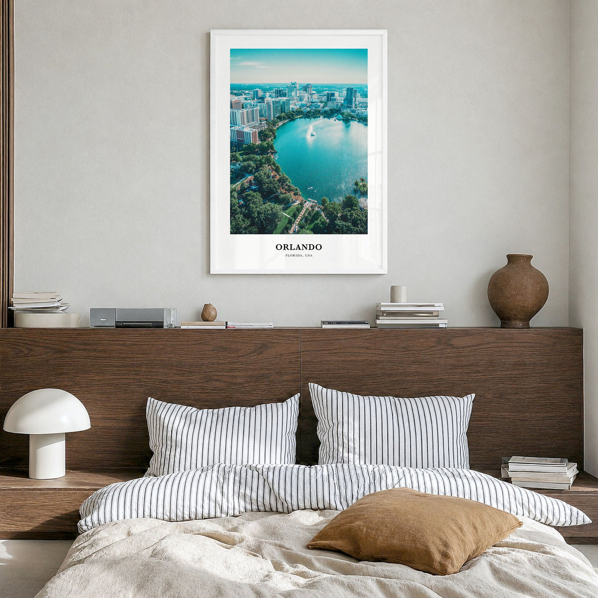 Orlando Classic No 2 Poster in a white wood frame, hanging in a bedroom