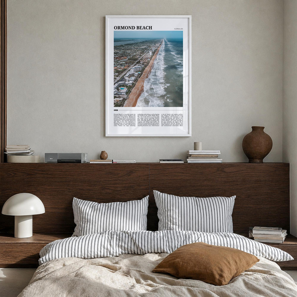 Ormond Beach colorful travel poster of Florida, USA – vertical wall art in white wood frame, hanging on wall