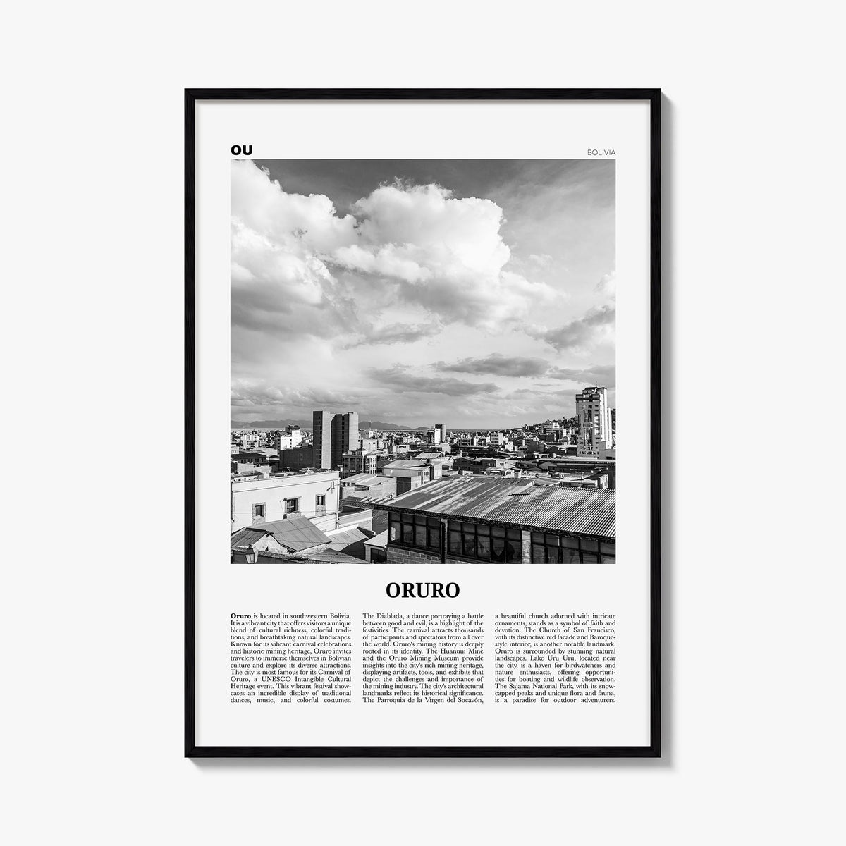 Oruro black & white newspaper poster of Bolivia – vertical wall art, unframed print shown in interior mockup