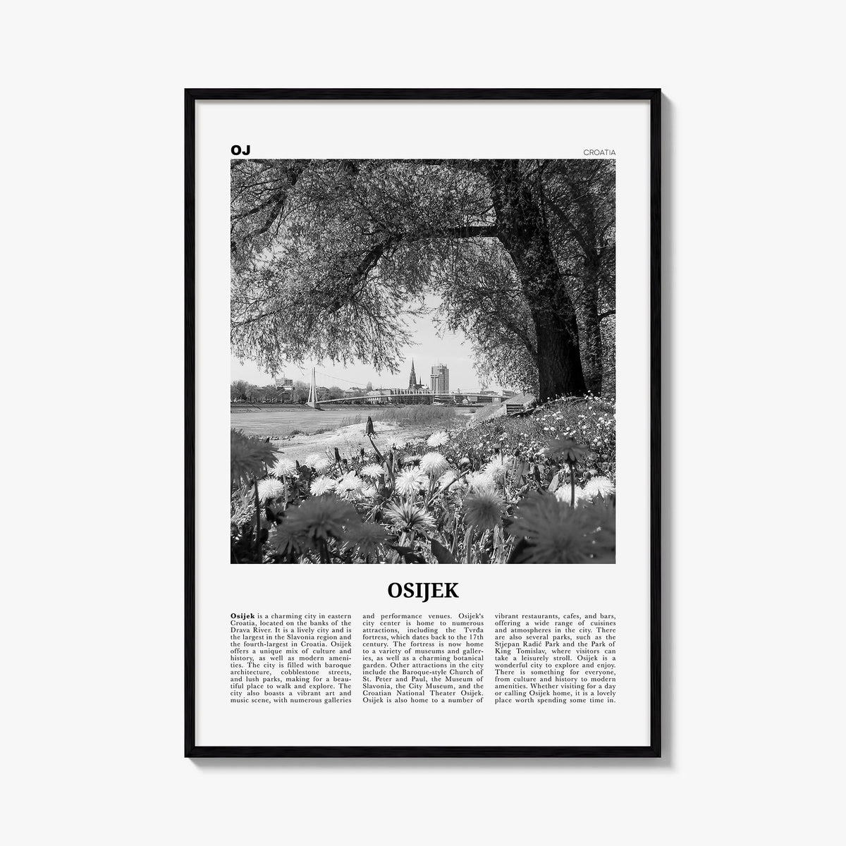 Osijek black & white newspaper poster of Croatia – vertical wall art, unframed print shown in interior mockup