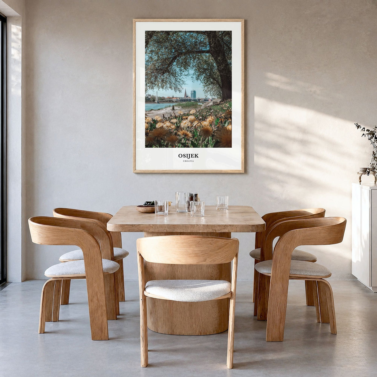 Osijek Classic Poster in a natural wood frame, hanging in a dining room