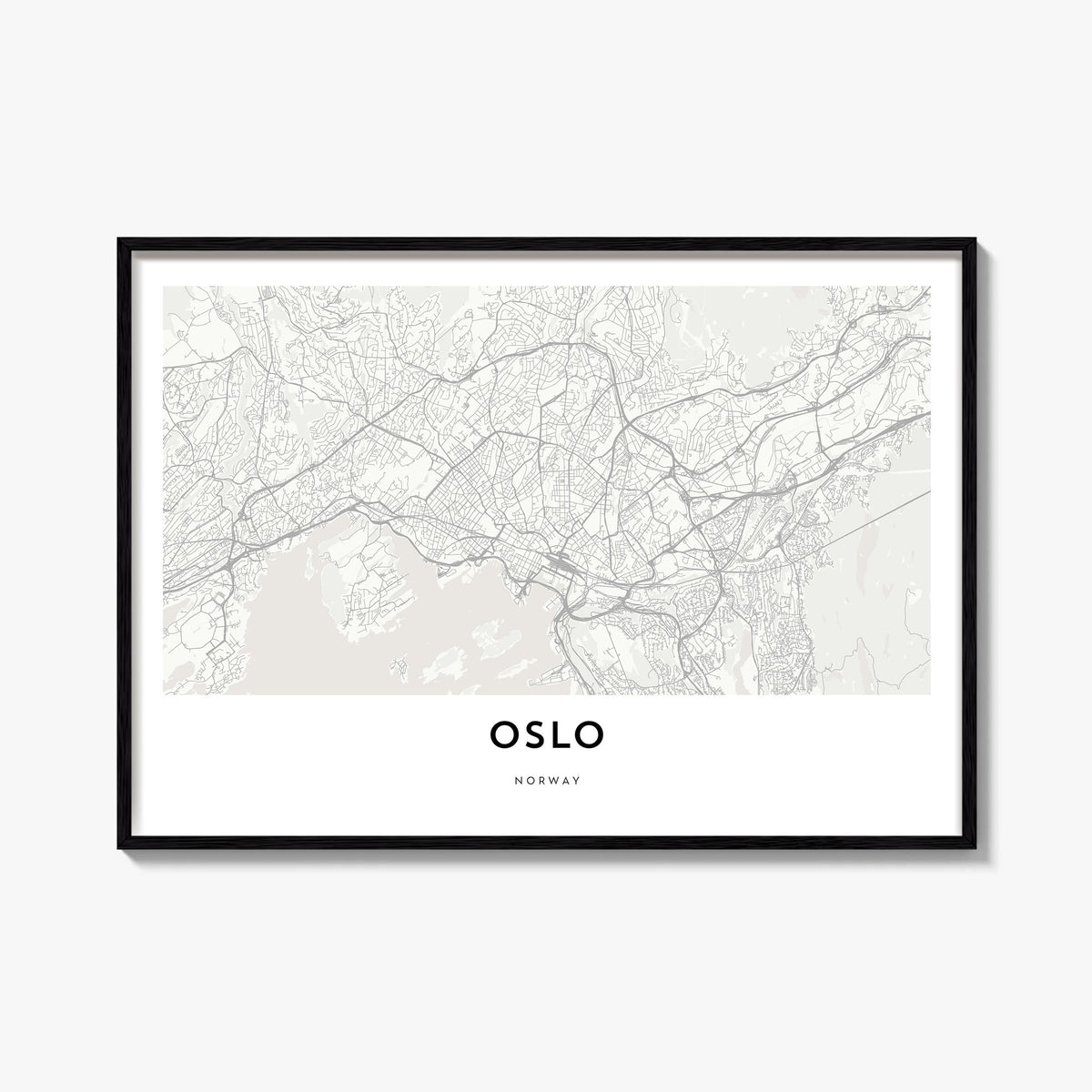 Oslo black & white map poster of Norway – horizontal wall art, unframed print shown in interior mockup