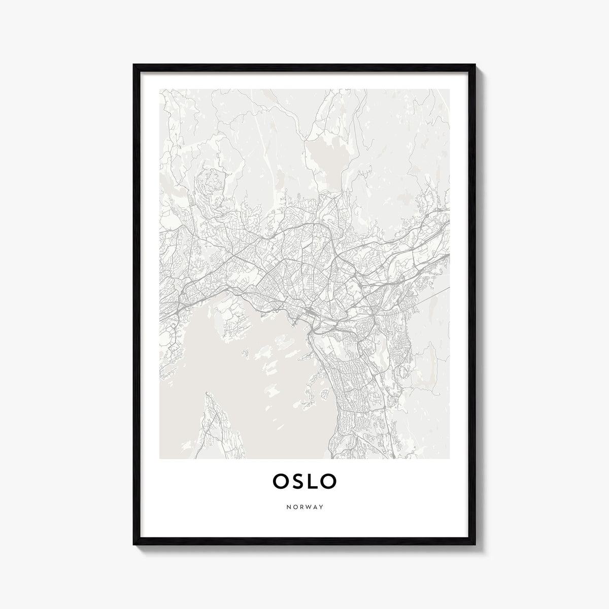 Oslo black & white map poster of Norway – vertical wall art, unframed print shown in interior mockup
