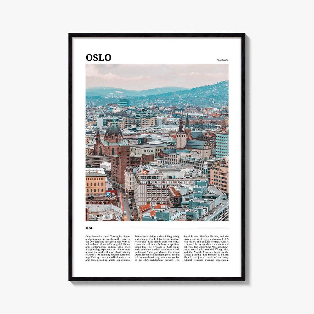 Oslo colorful travel poster of Norway – vertical wall art, unframed print shown in interior mockup