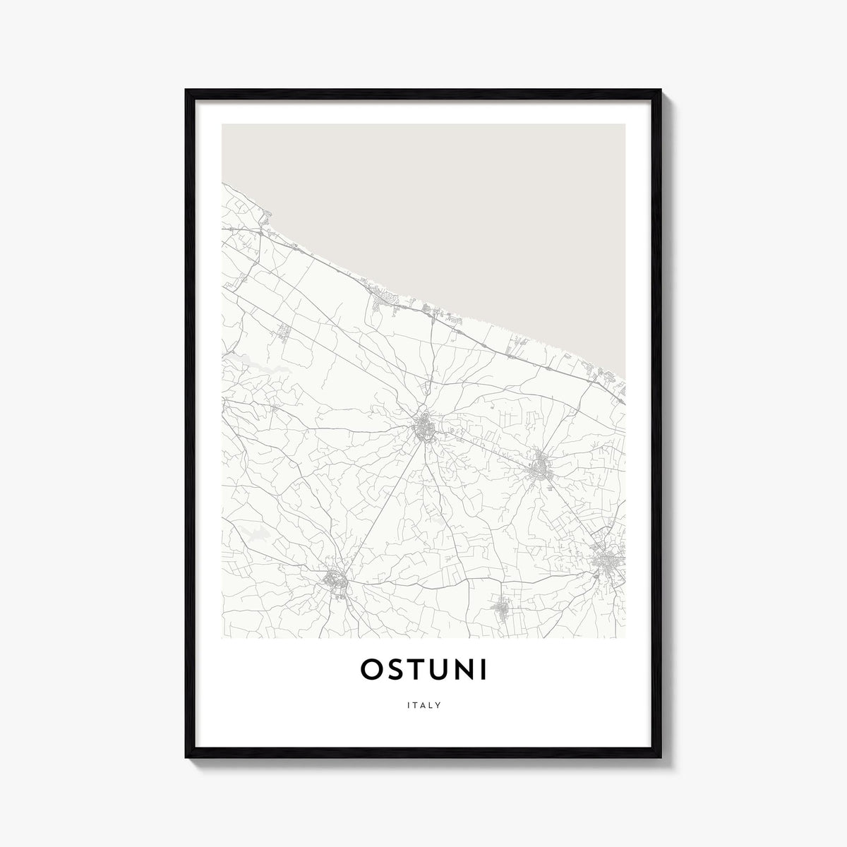 Ostuni black & white map poster of Italy – vertical wall art, unframed print shown in interior mockup