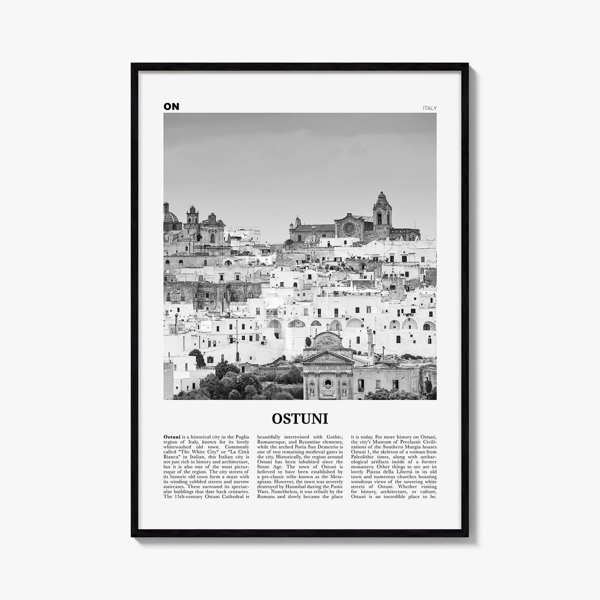 Ostuni black & white newspaper poster of Italy – vertical wall art, unframed print shown in interior mockup
