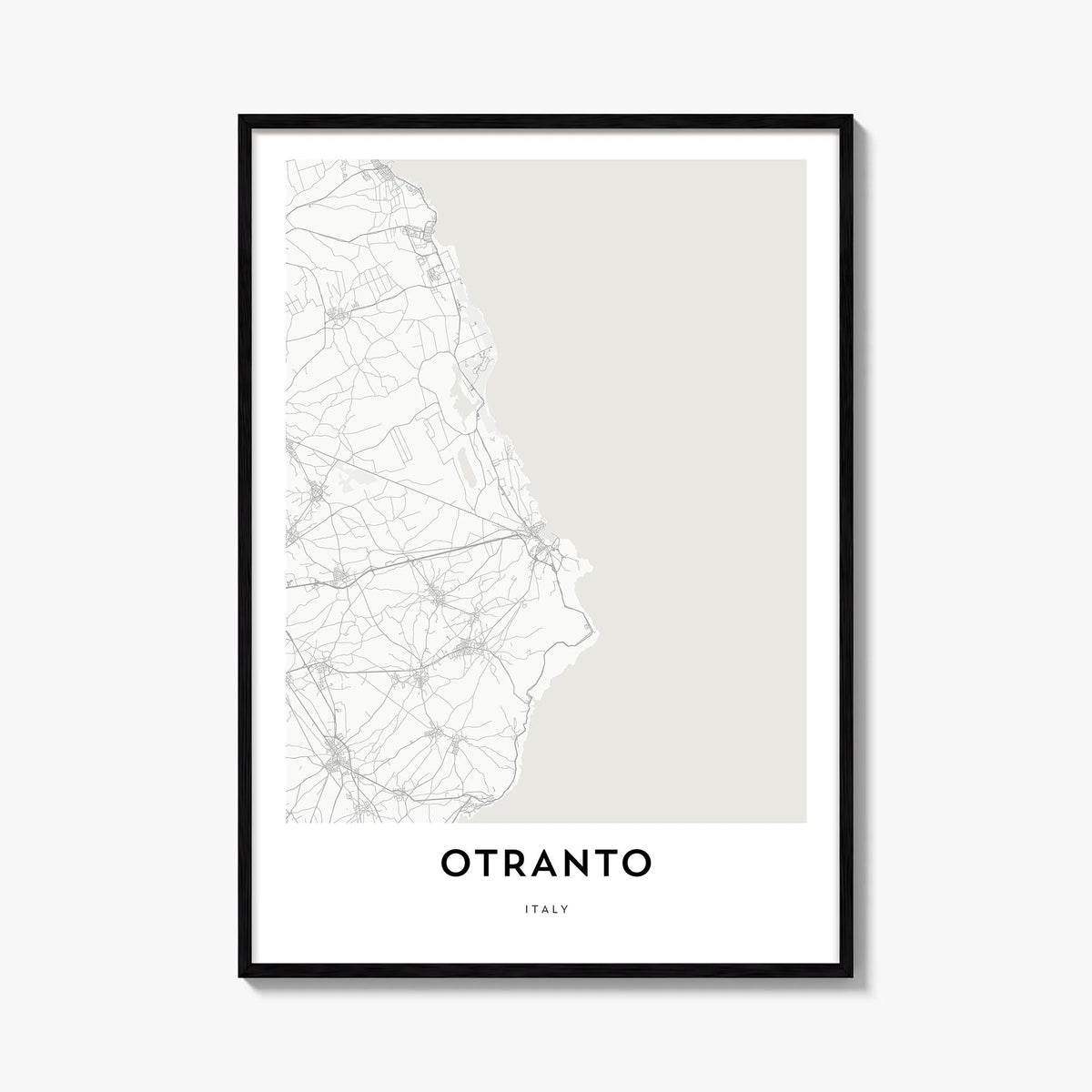 Otranto black & white map poster of Italy – vertical wall art, unframed print shown in interior mockup
