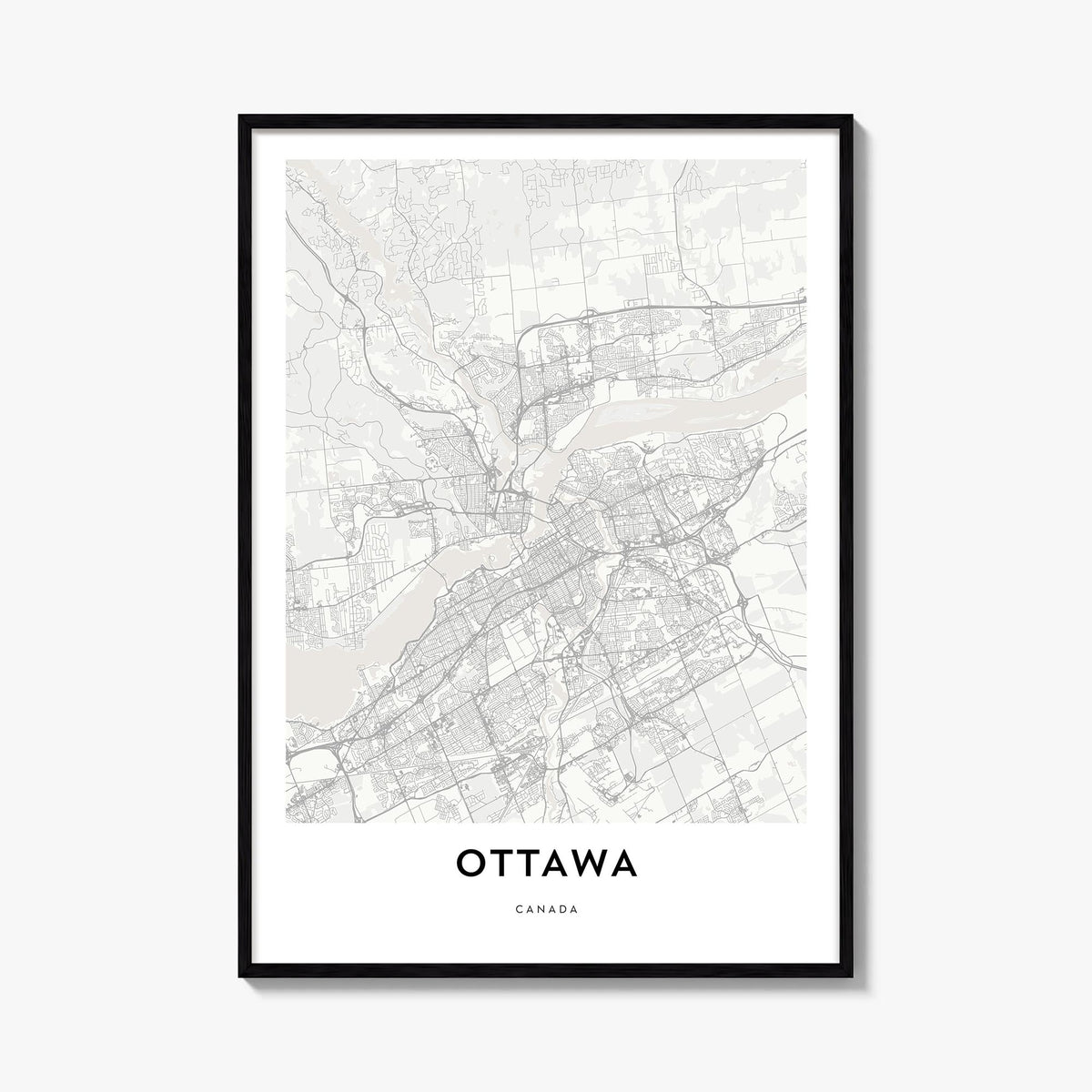 Ottawa black & white map poster of Ontario, Canada – vertical wall art, unframed print shown in interior mockup
