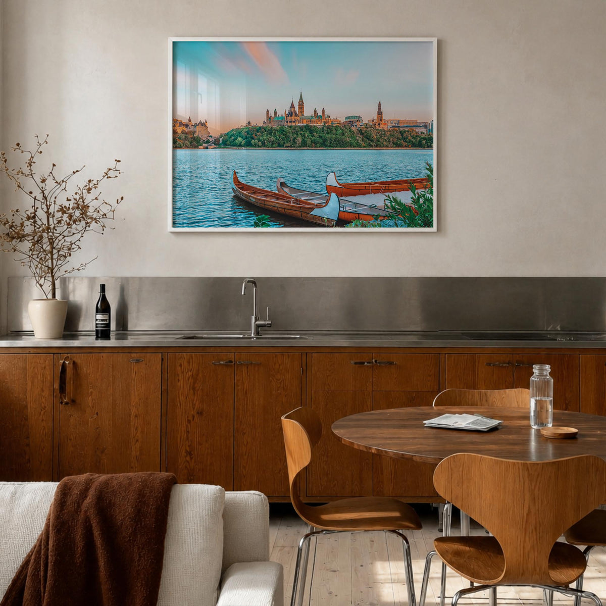 Ottawa colorful photo poster of Ontario, Canada – horizontal wall art in white wood frame, hanging on wall