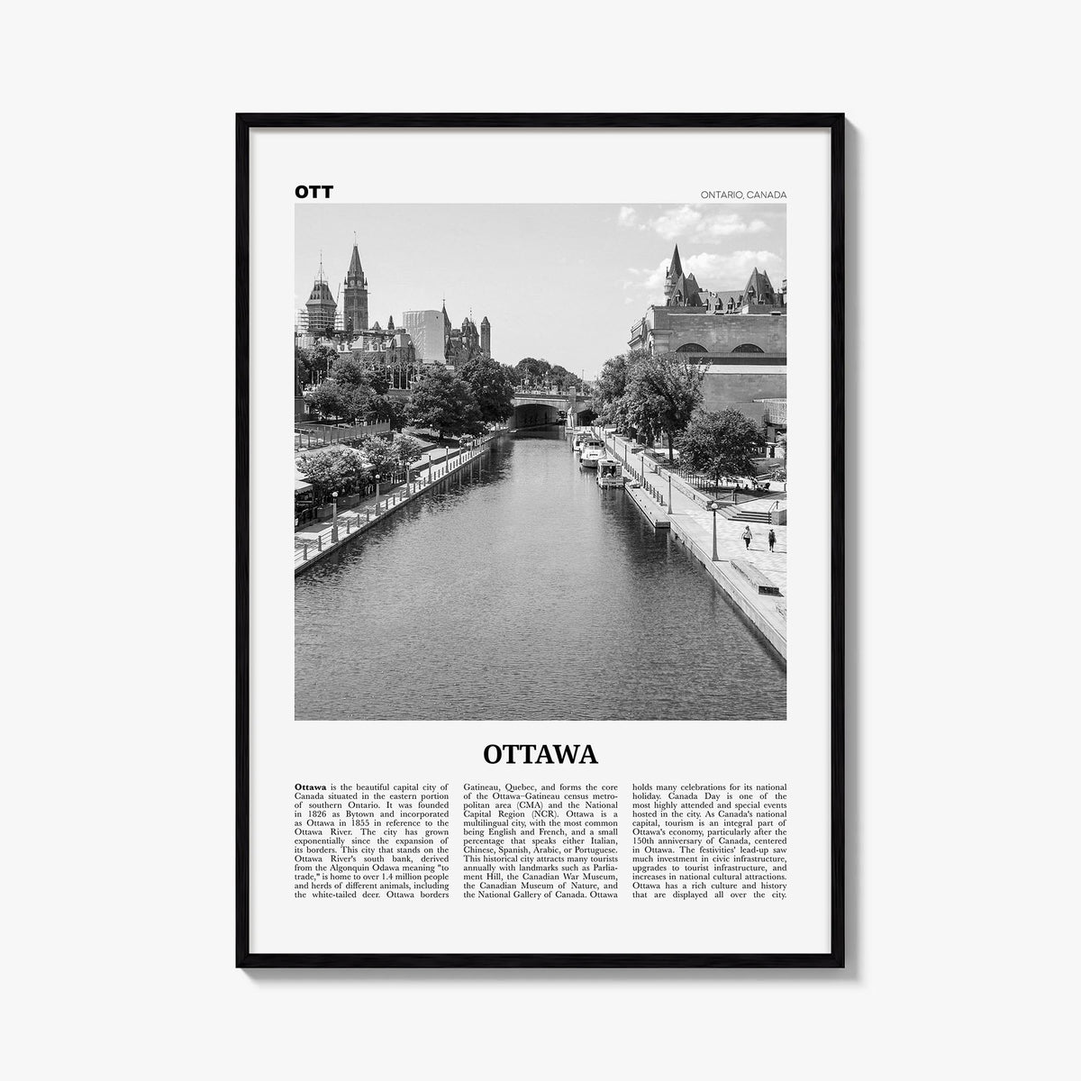 Ottawa no. 1 black & white newspaper poster of Ontario, Canada – vertical wall art, unframed print shown in interior mockup