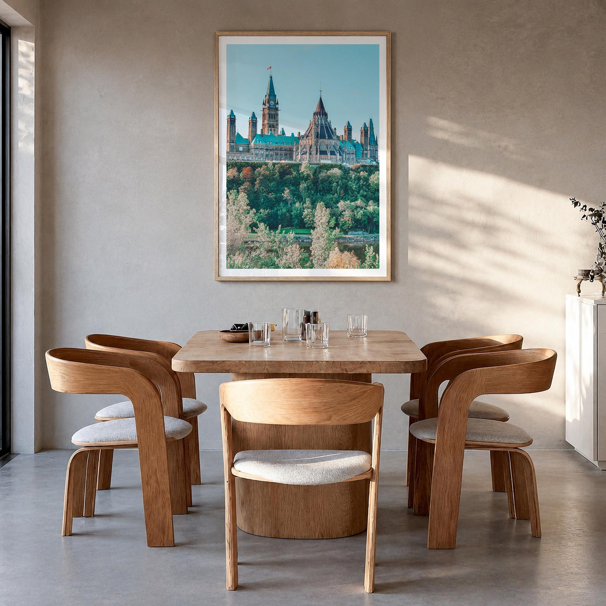 Ottawa no. 1 colorful photo poster of Ontario, Canada – vertical wall art in natural wood frame with white border, hanging on