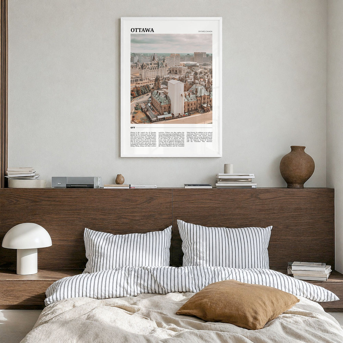 Ottawa Travel Poster in a white wood frame, hanging in a bedroom