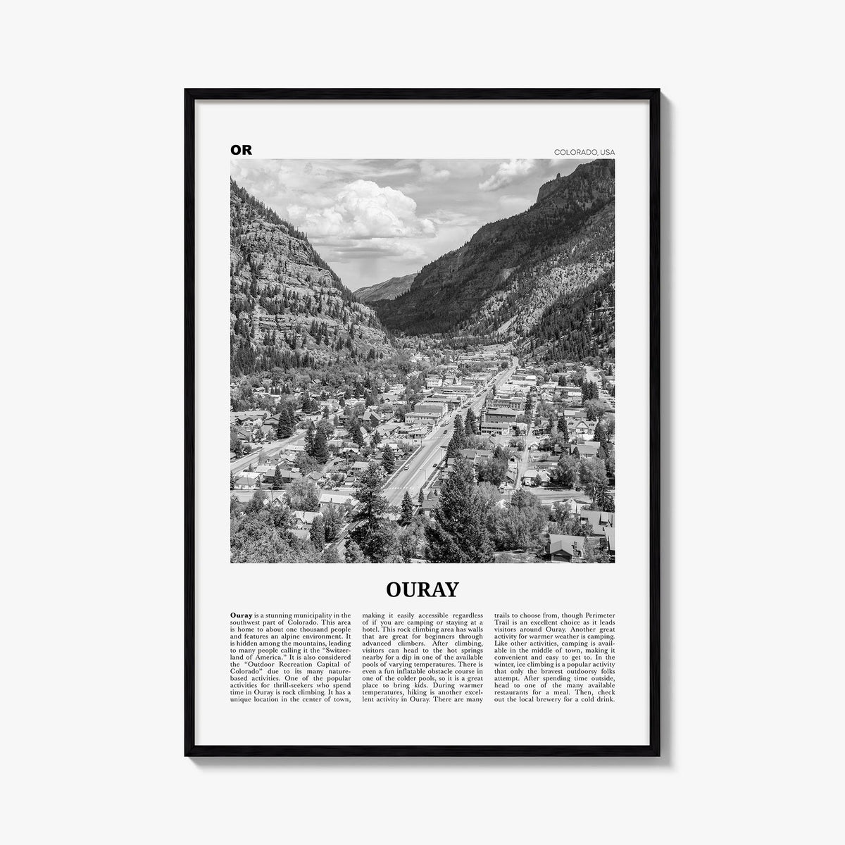 Ouray black & white newspaper poster of Colorado, USA – vertical wall art, unframed print shown in interior mockup