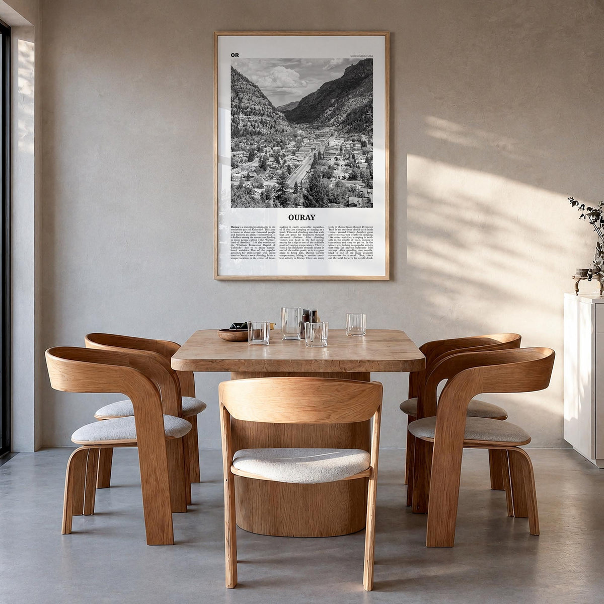 Ouray black & white newspaper poster of Colorado, USA – vertical wall art in natural wood frame, hanging on wall
