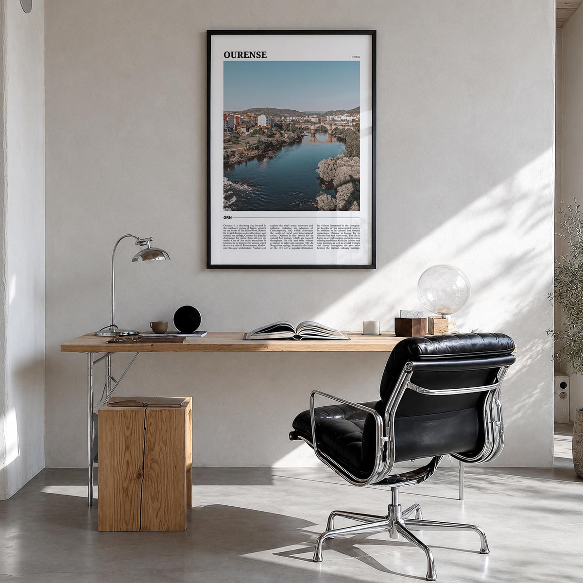 Ourense colorful travel poster of Spain – vertical wall art in black wood frame, hanging on wall