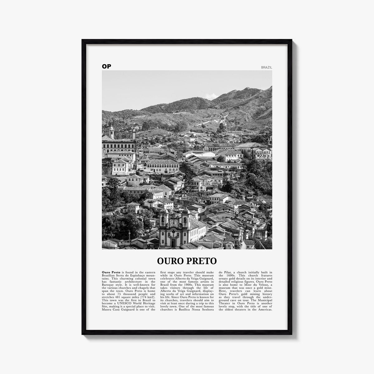 Ouro Preto black & white newspaper poster of Brazil – vertical wall art, unframed print shown in interior mockup