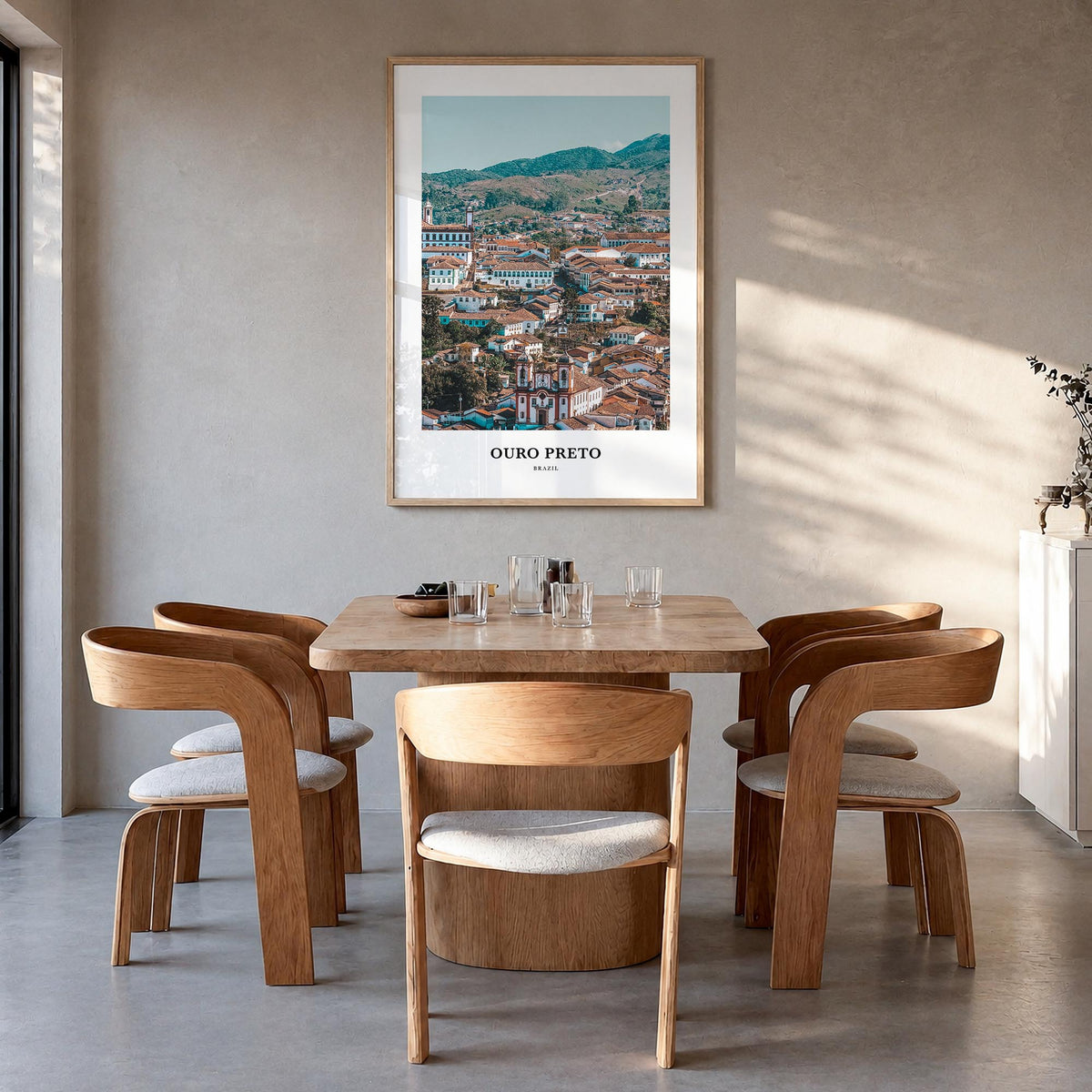 Ouro Preto colorful classic poster of Brazil – vertical wall art in natural wood frame, hanging on wall