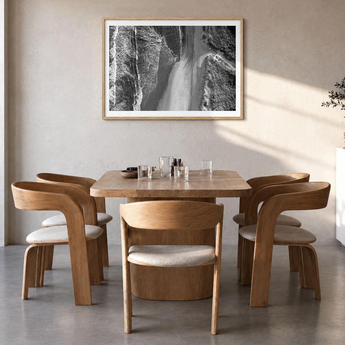 Outer Banks Photo Poster in a natural wood frame, hanging in a dining room, white border