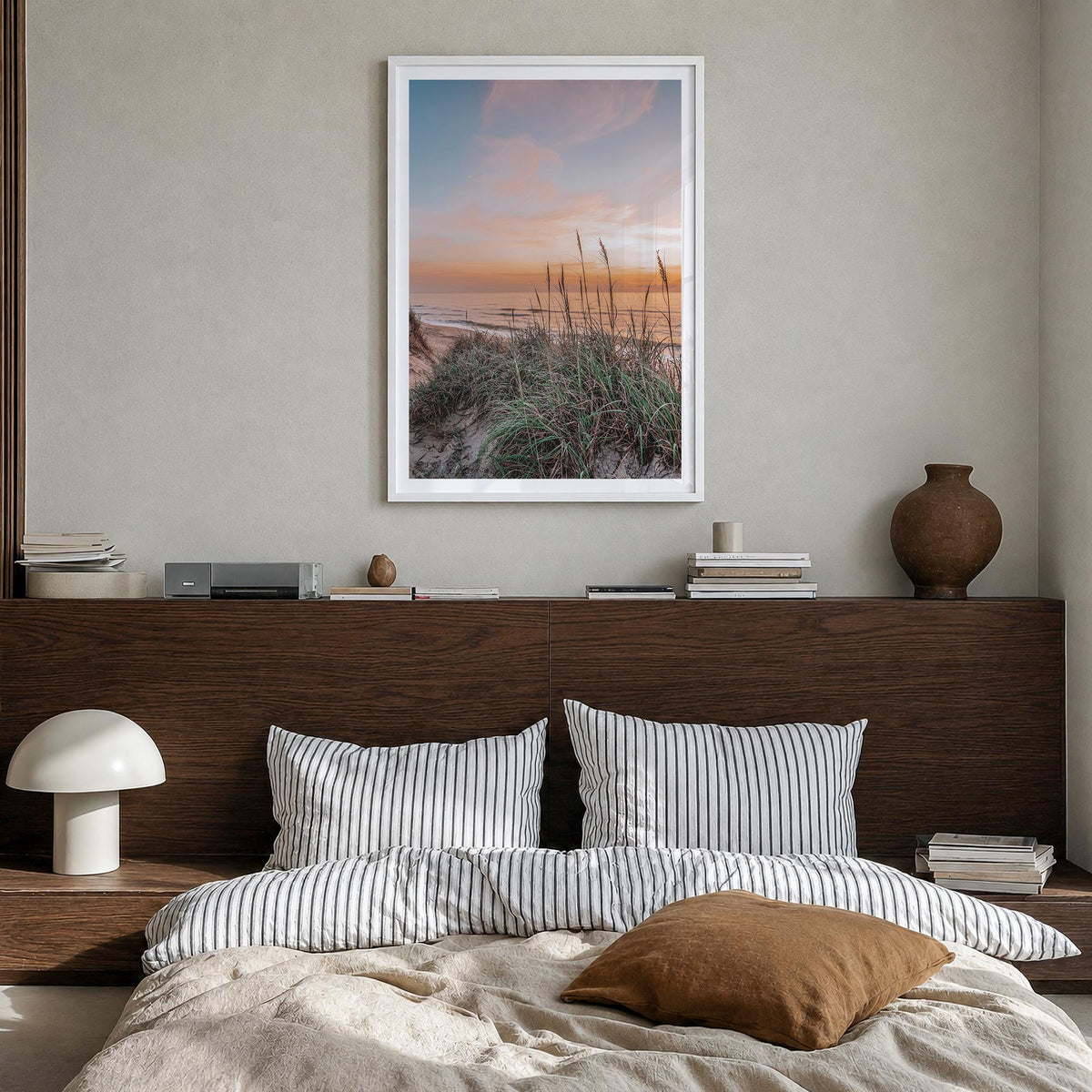 Outer Banks no. 1 colorful photo poster of North Carolina & Virginia, USA – vertical wall art in white wood frame with white
