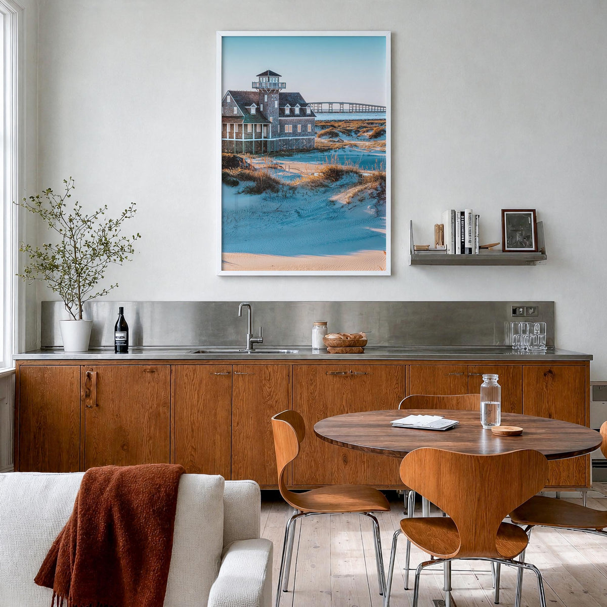 Outer Banks no. 2 colorful photo poster of North Carolina & Virginia, USA – vertical wall art in white wood frame, hanging on