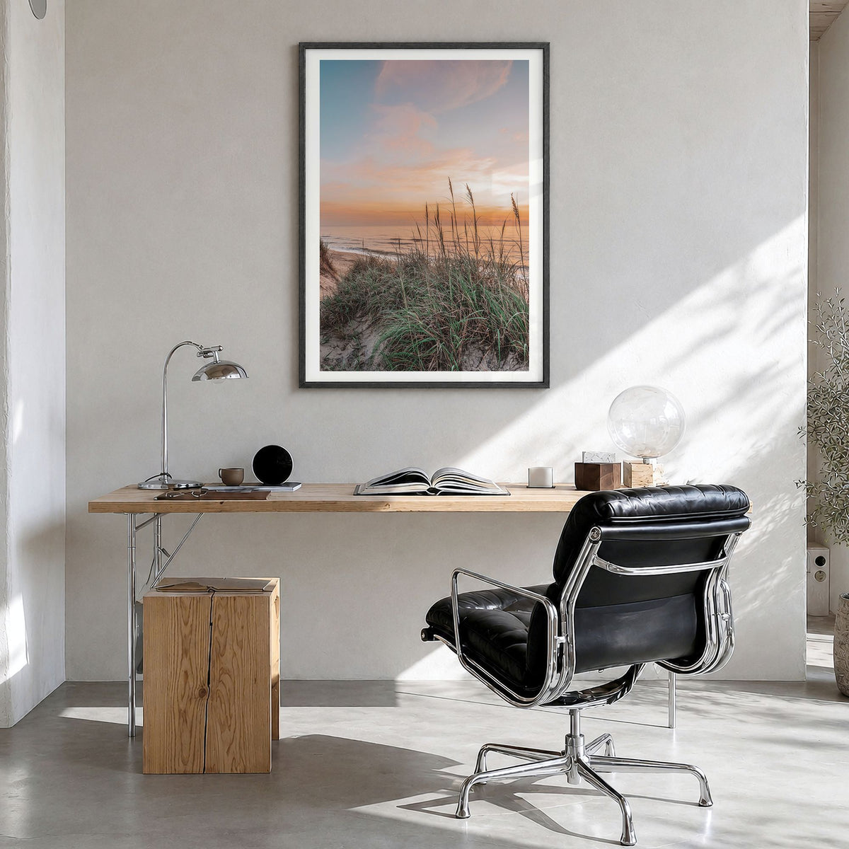 Outer Banks Photo No 1 Poster in a black wood frame, hanging in a bright home office, white border