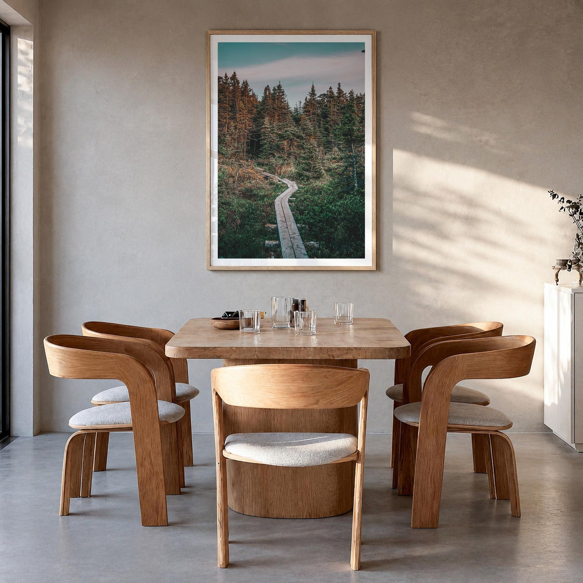 Outer Cove colorful photo poster of Canada – vertical wall art in natural wood frame with white border, hanging on wall