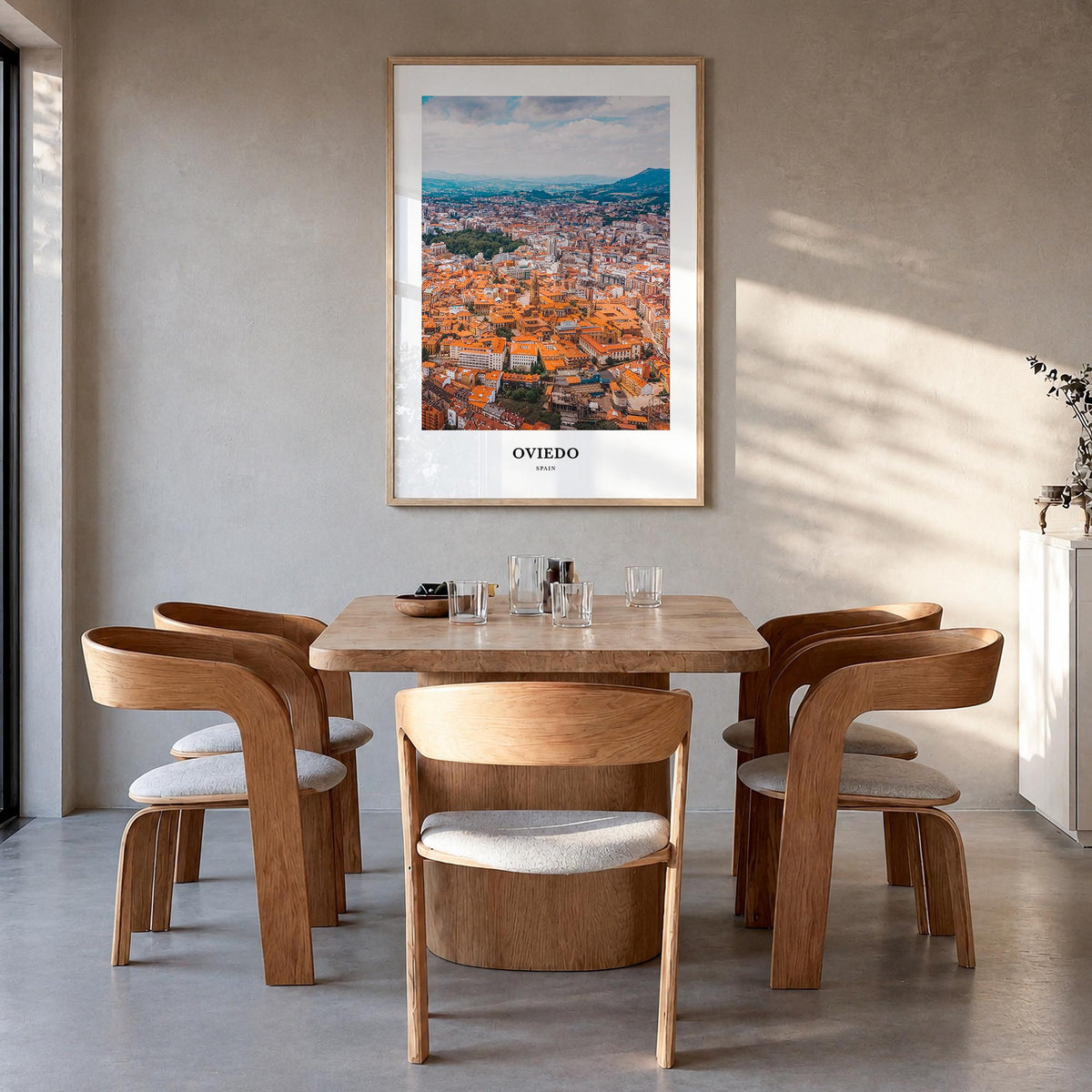 Oviedo colorful classic poster of Spain – vertical wall art in natural wood frame, hanging on wall