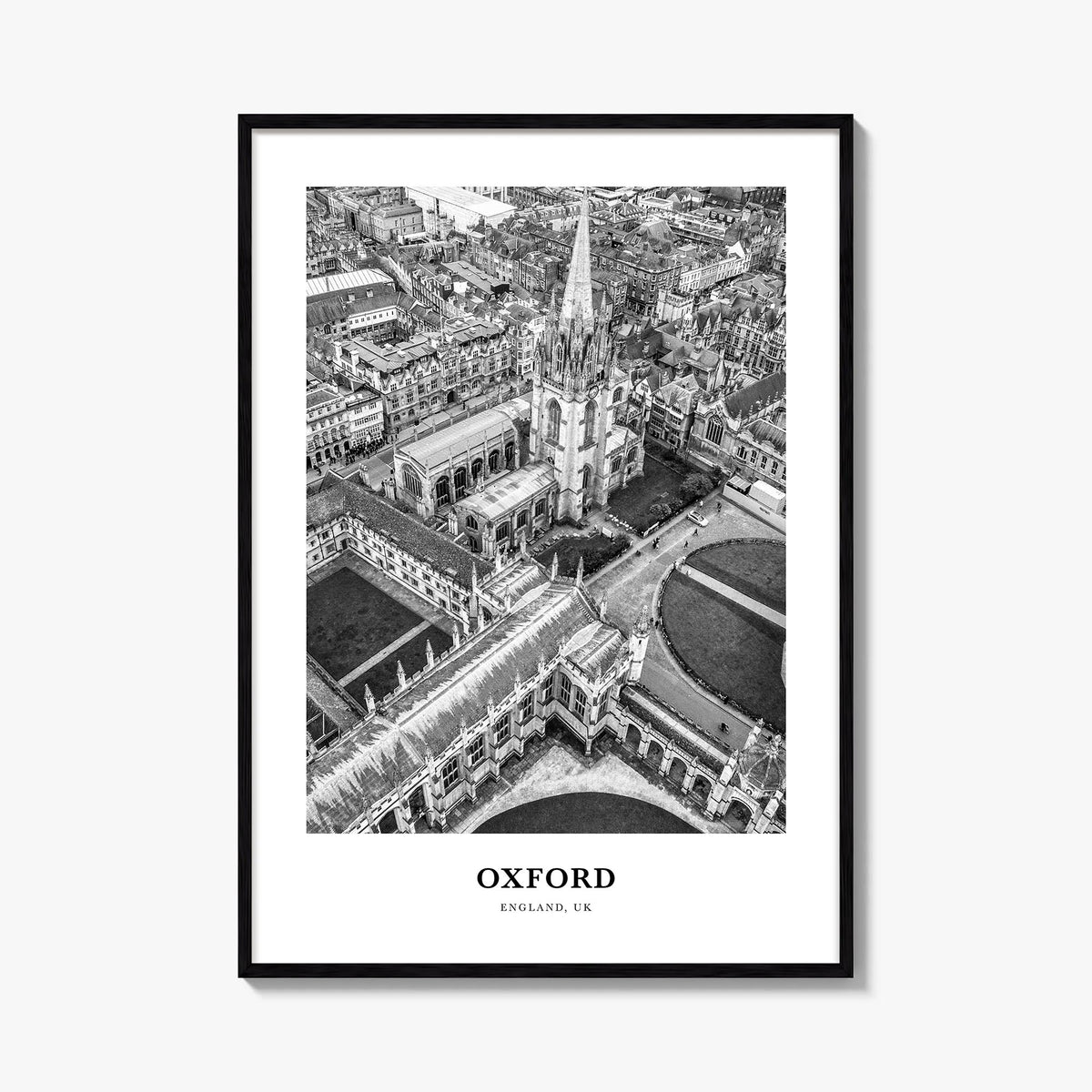 Oxford, England black & white classic poster of United Kingdom – vertical wall art, unframed print shown in interior mockup