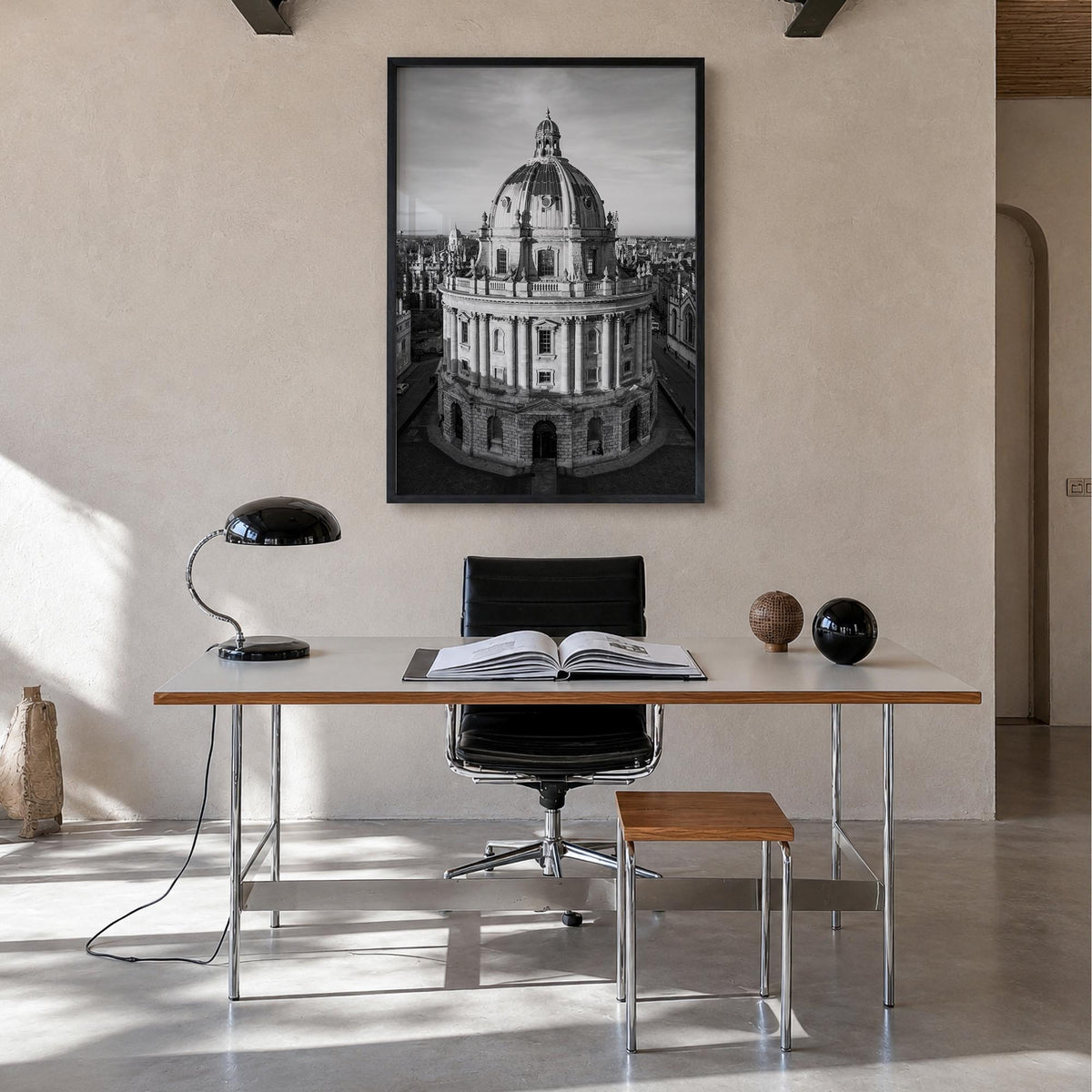 Oxford, England black & white photo poster of United Kingdom – vertical wall art in black wood frame, hanging on wall