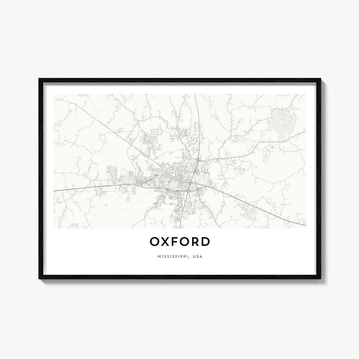 Oxford, Mississippi black & white map poster of Mississippi, USA – horizontal wall art, unframed print shown in interior mock
