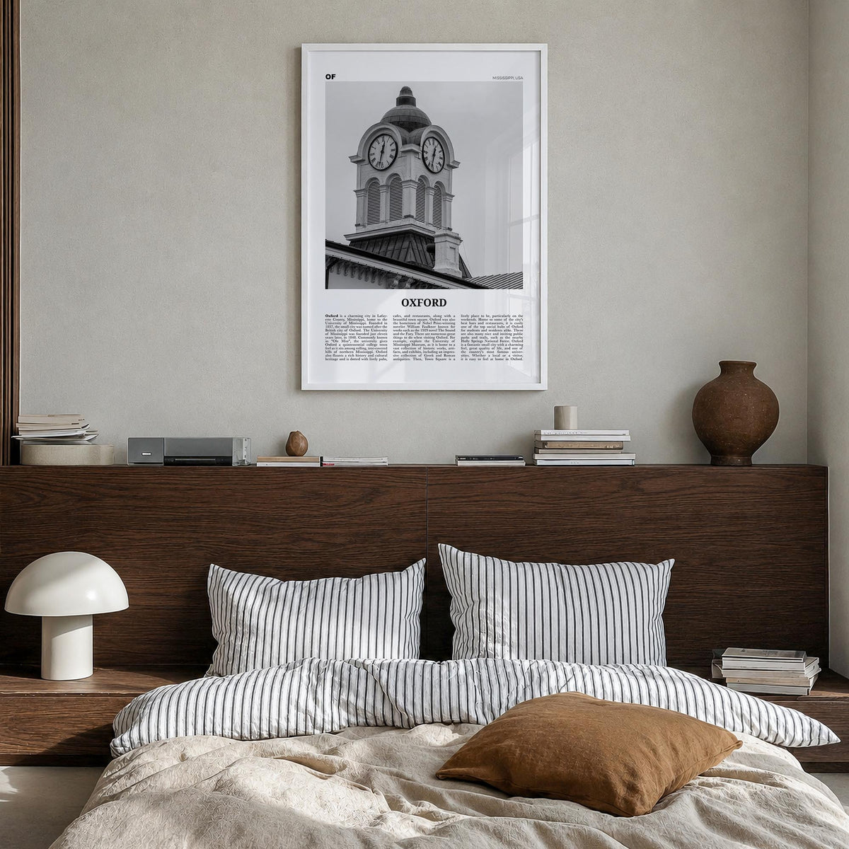 Oxford, Mississippi black & white newspaper poster of Mississippi, USA – vertical wall art in white wood frame, hanging on wa
