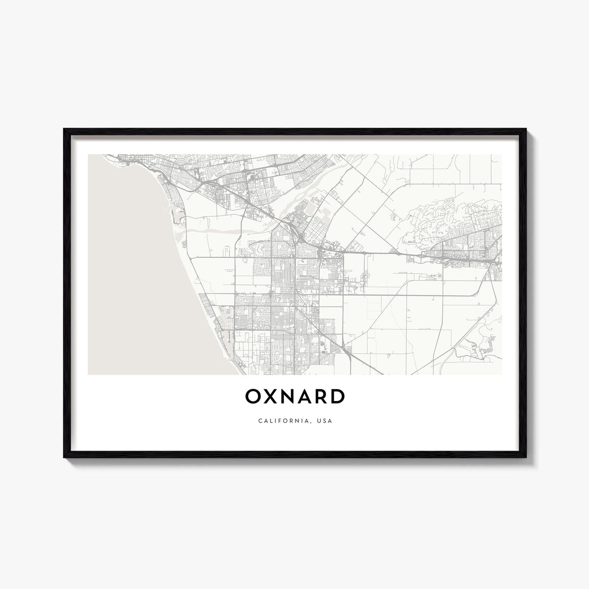 Oxnard black & white map poster of California, USA – horizontal wall art, unframed print shown in interior mockup