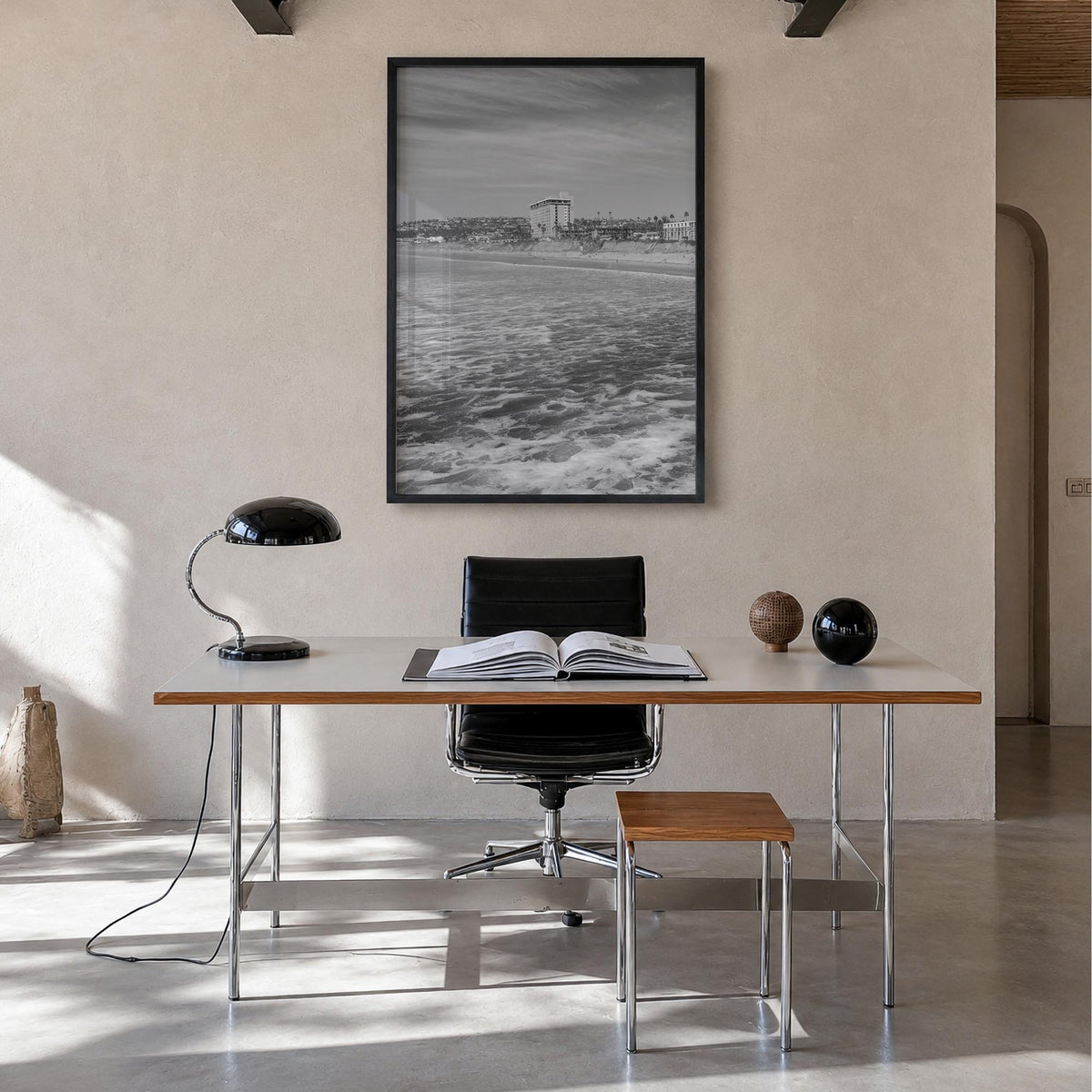 Pacific Beach black & white photo poster of San Diego, California – vertical wall art in black wood frame, hanging on wall