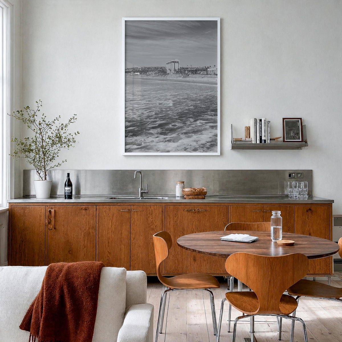 Pacific Beach black & white photo poster of San Diego, California – vertical wall art in white wood frame, hanging on wall