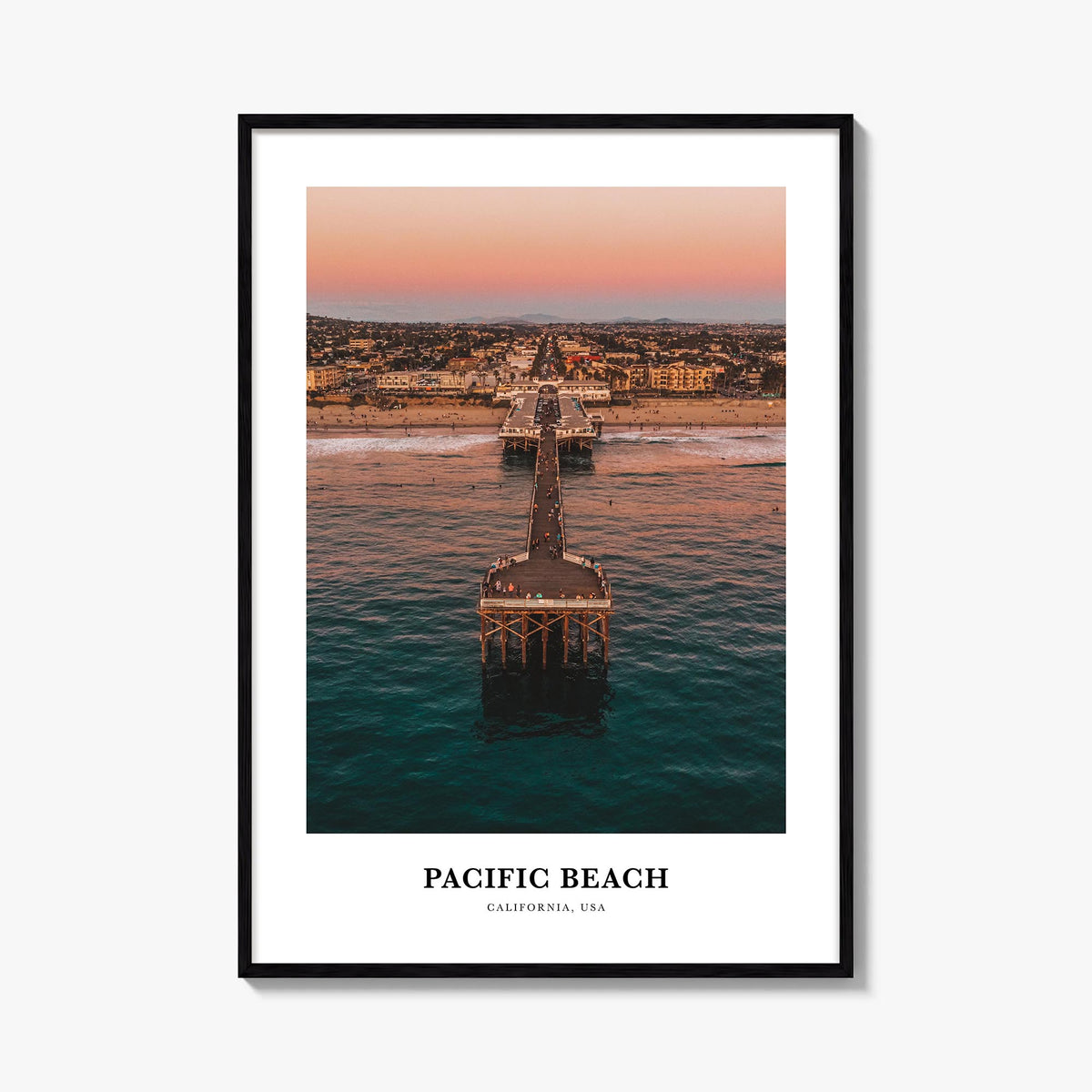 Pacific Beach colorful classic poster of San Diego, California – vertical wall art, unframed print shown in interior mockup