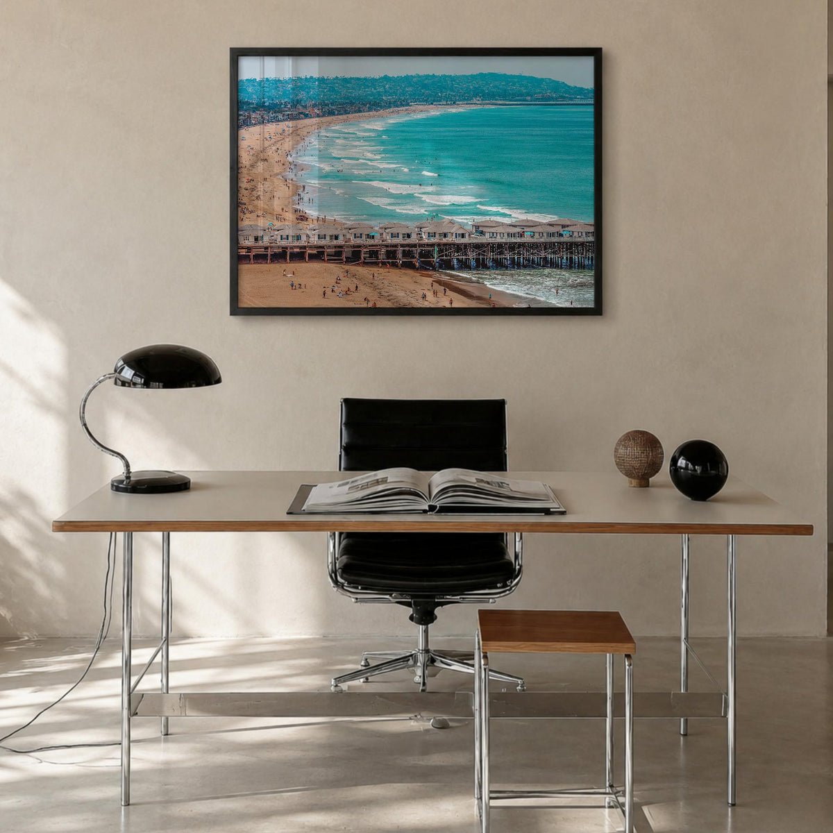 Pacific Beach colorful photo poster of San Diego, California – horizontal wall art in black wood frame, hanging on wall