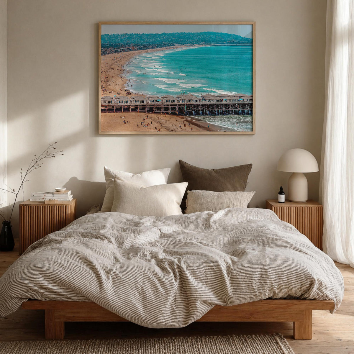 Pacific Beach colorful photo poster of San Diego, California – horizontal wall art in natural wood frame, hanging on wall