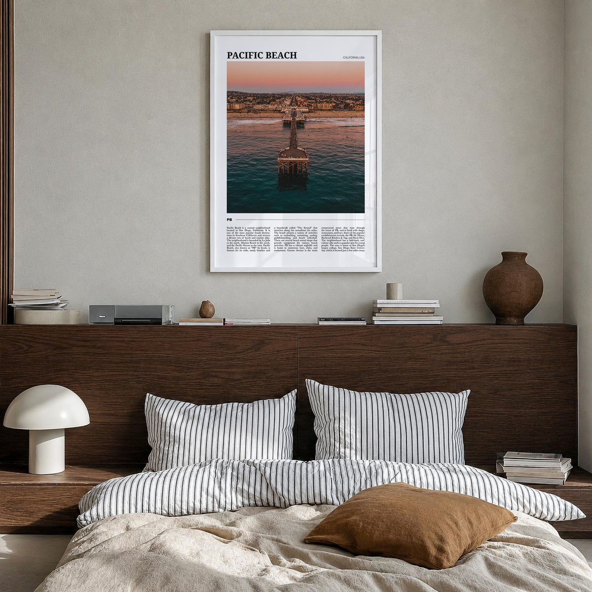 Pacific Beach colorful travel poster of San Diego, California – vertical wall art in white wood frame, hanging on wall