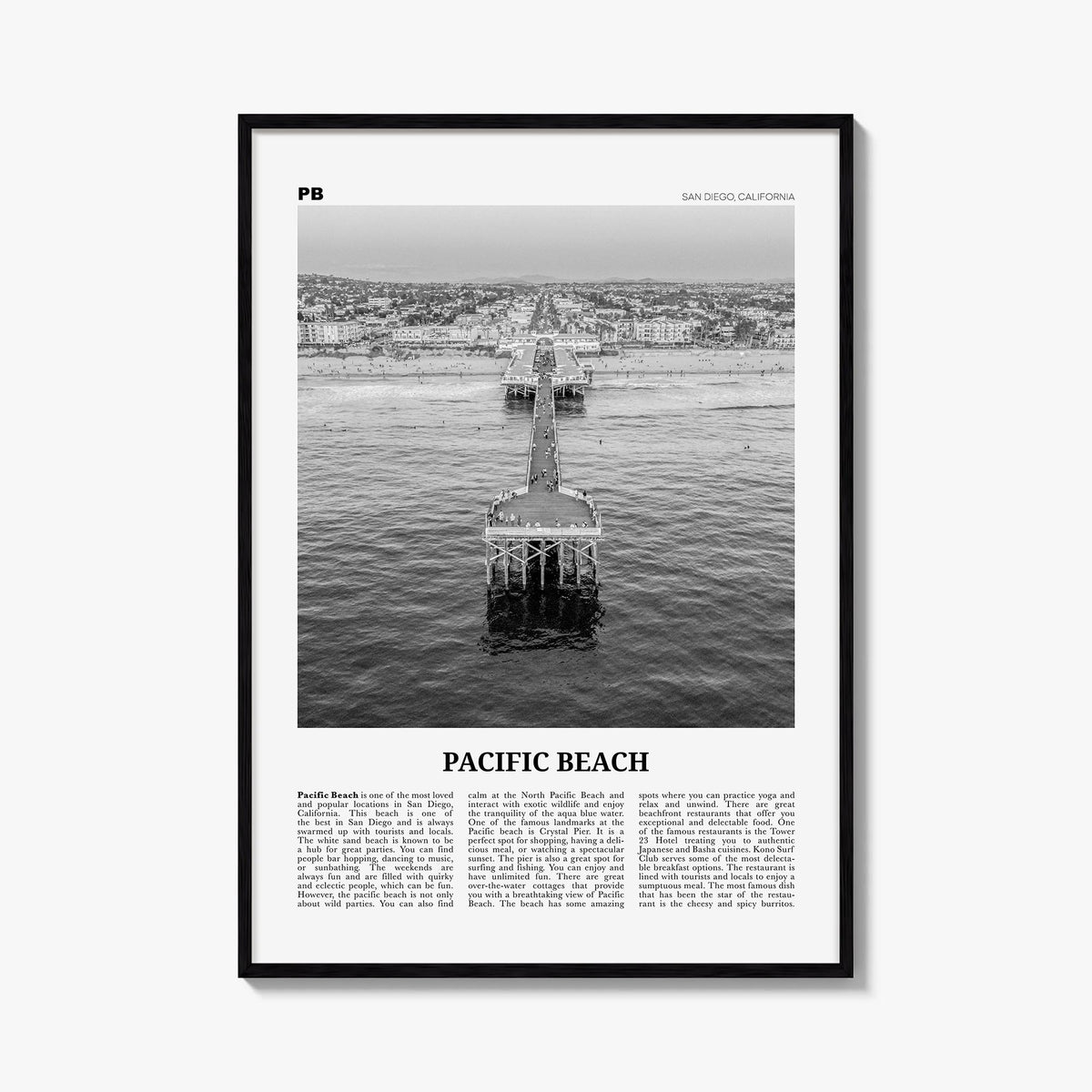 Pacific Beach no. 1 black & white newspaper poster of San Diego, California – vertical wall art, unframed print shown in inte