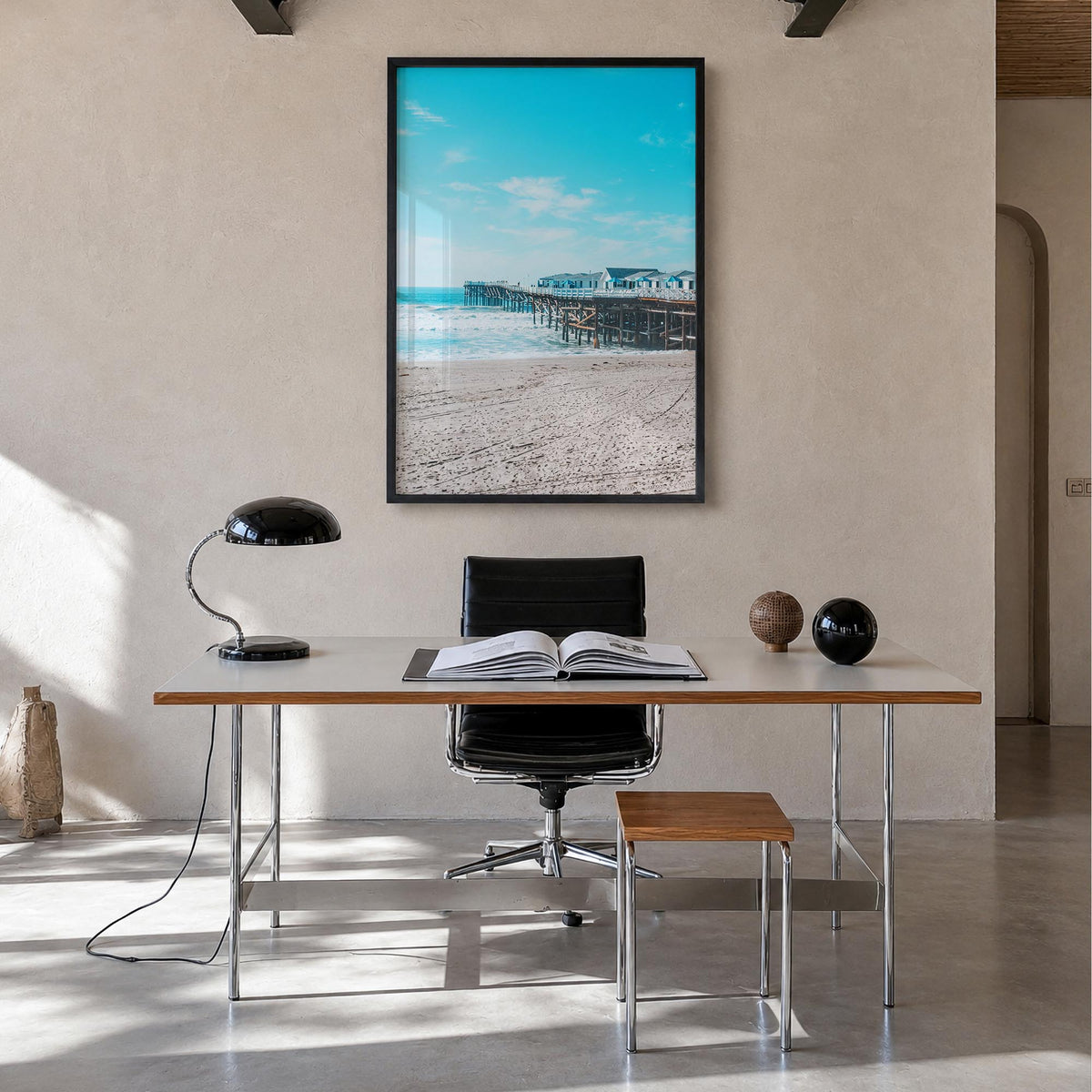 Pacific Beach no. 1 colorful photo poster of San Diego, California – vertical wall art in black wood frame, hanging on wall
